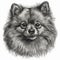 Pomeranian Spitz, engraving style, close-up portrait, black and white drawing, cute companion dog