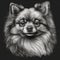 Pomeranian Spitz, engraving style, close-up portrait, black and white drawing, cute companion dog, favorite pet