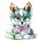Pomsky Puppy in Pastel Headband and Bandana with a Touch of Watercolor. AI Generated