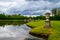 Pond of Beloeil Castle with dramatic sky