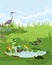 Pond biotope with different animals bird, reptile, amphibians