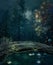 Pond in a dark forest with water lilies and shining lights