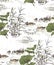 Pond ducks burdock nature landscape view vector japanese chinese oriental line art ink seamless pattern