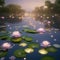 A pond filled with floating water lilies that release tiny, glowing fireflies at dusk3