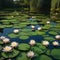 A pond filled with floating water lilies that release tiny, shimmering dragonflies at twilight1