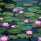 A pond filled with floating water lilies that release tiny, shimmering dragonflies at twilight2