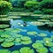 pond filled with lots of water lilies surrounded