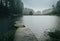 Pond in forest with stone on rainy weather. Natural reserve Czech canada, dark mood green