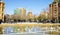 Pond and fountain in Plaza de Can Fabra in San AndrÃ©s del Palomar, Barcelona