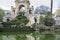 Pond, Golden horses and gargoyles in the Citadel Park in Barcelona, Catalonia, Spain