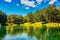 The pond, green grass and trees in La Fontaine park of Montreal, Canada