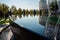 Pond and heat-loving plants in an original glass greenhouse