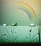 Pond life, under the water, summer rain with rainbow on the pond, pond life in