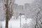 Pond of Olympic Village Park after heavy snowfall in winter, Moscow, Russia