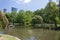 Pond in the Public Garden and buildings in Boston