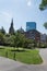 Pond in the Public Garden and buildings in Boston