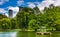 Pond in the Public Garden and buildings in Boston, Massachusetts