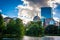 Pond in the Public Garden and buildings in Boston, Massachusetts