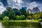 Pond in the Public Garden and buildings in Boston, Massachusetts