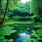 pond surrounded by trees in the middle of forest filled with green leaves and