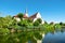 Pond with view of the Catholic Parish Church in Hammelburg- Bavaria