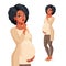 Pondered black pregnant woman with hand on her chin. Vector character.