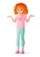 Pondering cute young redhead girl shrugging shoulders. Isolated vector illustration.