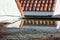 Ponding water on flat roof covered with tree debris after heavy rain