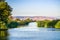 Ponds at sunset in Coyote Hills Regional Park; on the background smoke from Soberanes fire is visible, Fremont, San Francisco bay