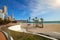 Poniente beach, panorama of Benidorm with skyscrapers, palm trees and a beautiful promenade, Spain