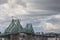 Pont Jacques Cartier bridge taken in Longueuil in the direction of Montreal, in Quebec, Canada, during a cloudy afternoon.