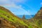 Ponta de Sao Lourenco, Madeira,Portugal. Beautiful scenic mountain view of green landscape,rainbow,rocky cliffs and Atlantic Ocean