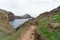 Ponta de Sao Lourenco, mountains and cliffs along an hiking walkway with stairs, Madeira, Portugal