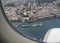 Ponta Delgada town panorama skyline Viewed from window of landing jet airplane, Sao Miguel island, Azores, Portugal