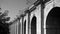 Ponte di Ariccia with high arches between tree branches seen from below