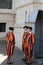 Pontifical Swiss Guards dressed in uniform with a Renaissance appearance. The Vatican city.