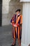 Pontifical Swiss Guards dressed in uniform with a Renaissance appearance. The Vatican city.