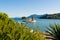 Pontikonisi and Vlacheraina monastery seen from the hilltop of Kanoni. Corfu island, Greece.