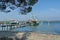 Pontoon and gruise ship anchored in the Venetian lagoon, Adreatic sea, Italy