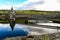 Pontsticill Reservoir with Bell-mouth spillway and valve tower, South Wales, United Kingdom