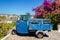 Ponza, Italy. August 16th 2020. A blue old Piaggio Apecar tuk tuk parked in a scenic road in Ponza