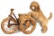 Poodle apricot puppy stands with its front paws on a wooden toy bike and looks down