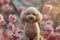 Poodle with blooming pink flowers in background. AI Generated