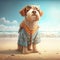 Poodle dog in fashionable summer clothes. Summer dog poodle breed animal wearing cute attire.