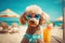 Poodle dog is relaxing on the beach with a cocktail. The concept of summer tourism. Generative AI