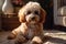 Poodle dog sitting on the carpet at home, adorable companion