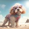 Poodle dog in summer attire costume. Summer poodle hairy doggy in cute face