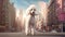 Poodle dog walking on the street in New York City. 3d rendering