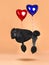 Poodle with flying balloons in shape of heart