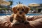 Poodle puppy sits on a lounger near the pool in the summer. Generative AI